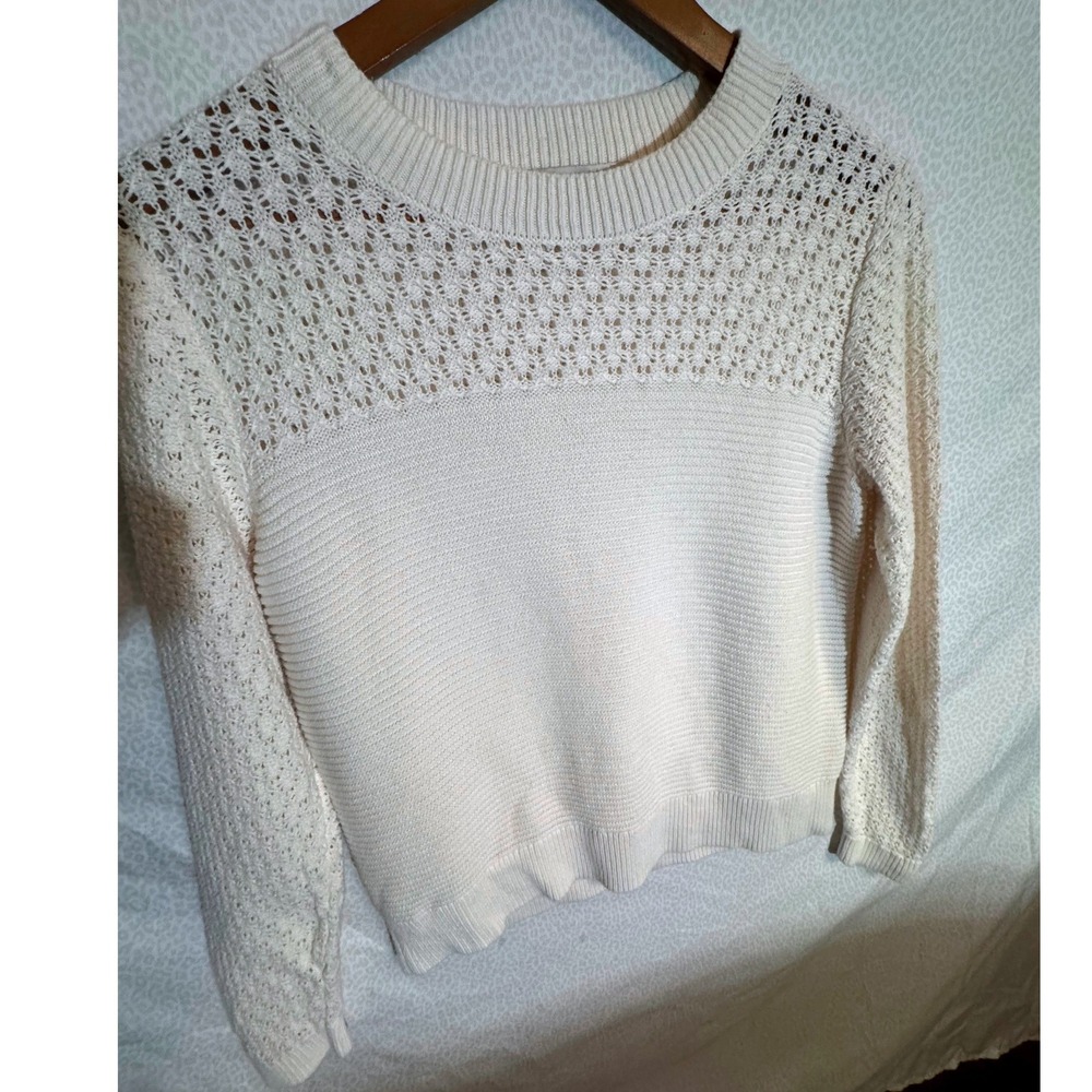 LOFT Womens Cream Ivory Pointelle Crochet Mixed Knit Crewneck Sweater Size M